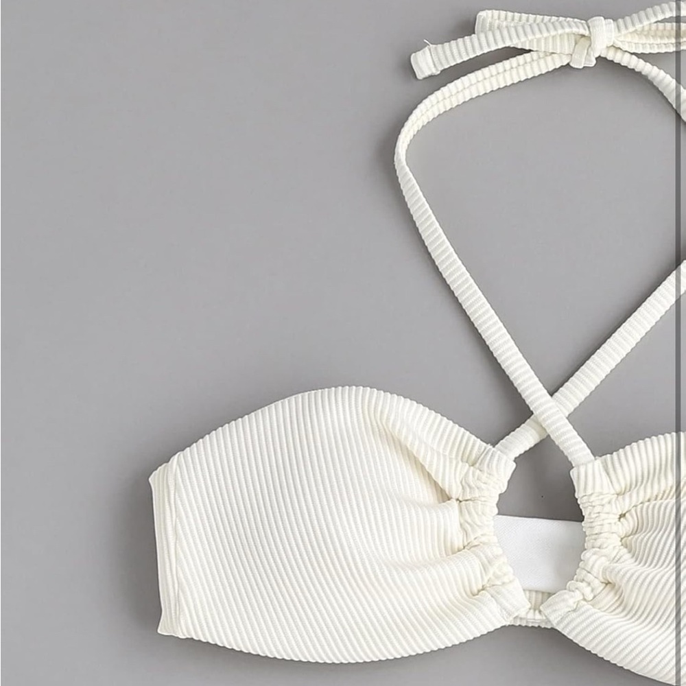 White Halter Rib Lace up Bikini Set - Picture 3 of 5